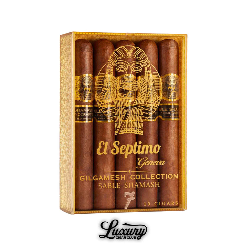 El Septimo Gilgamesh Collection Sable Shamash 10 count box showcasing golden embossed packaging of handcrafted cigars at Luxury Cigar Club