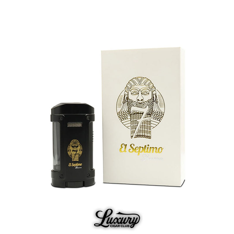 El Septimo Gilgamesh Black Quadruple Torch Lighter shown with its branded packaging from Luxury Cigar Club.