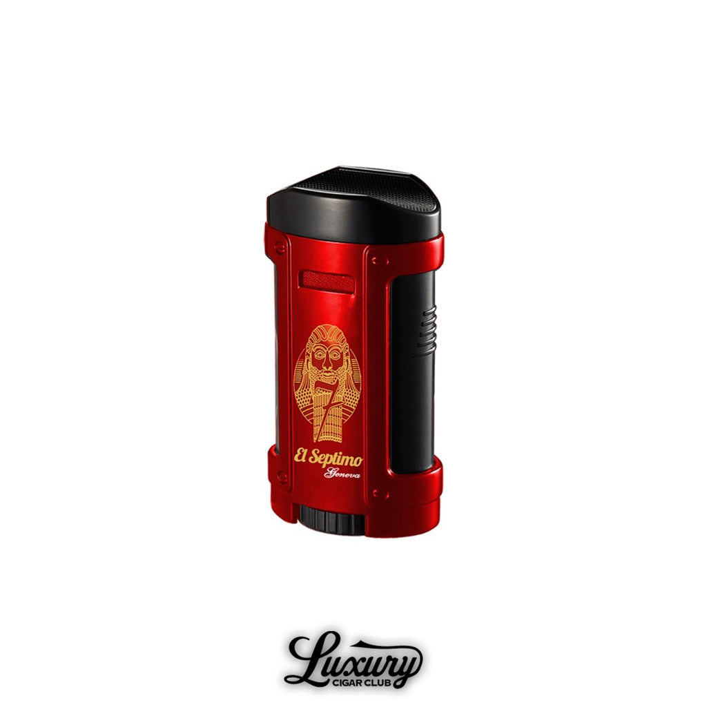 El Septimo Gilgamesh Ruby Red Quadruple Torch Lighter with gold engraved design displayed by Luxury Cigar Club.