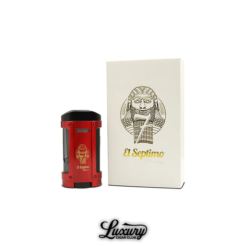 El Septimo Gilgamesh Ruby Red Quadruple Torch Lighter shown with its branded box available at Luxury Cigar Club.