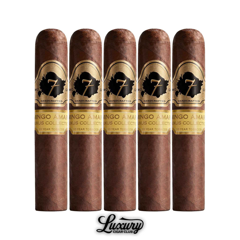 Five-pack of El Septimo Luxus Amarillo Flamingo cigars, featuring smooth wrappers and gold foil branding, sold by Luxury Cigar Club.
