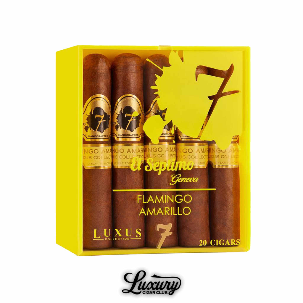 Box of 20 El Septimo Luxus Amarillo Flamingo cigars in bright yellow luxury packaging, showcasing bold gold and black cigar bands.