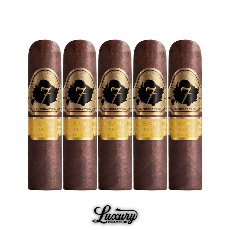 Five-pack of El Septimo Luxus Amarillo Short Dream cigars with dark brown wrappers and gold embossed bands, premium cigars online.