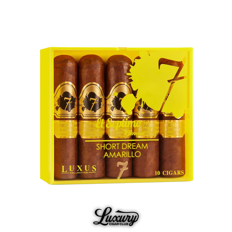 Box of 10 El Septimo Luxus Amarillo Short Dream cigars with golden yellow accents, presented in luxury packaging, from Luxury Cigar Club.