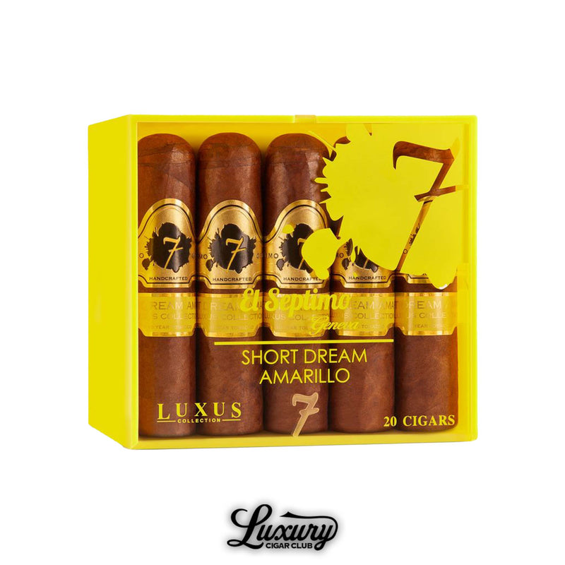 Box of 20 El Septimo Luxus Amarillo Short Dream cigars in yellow packaging with gold and black cigar bands, available at Luxury Cigar Club.
