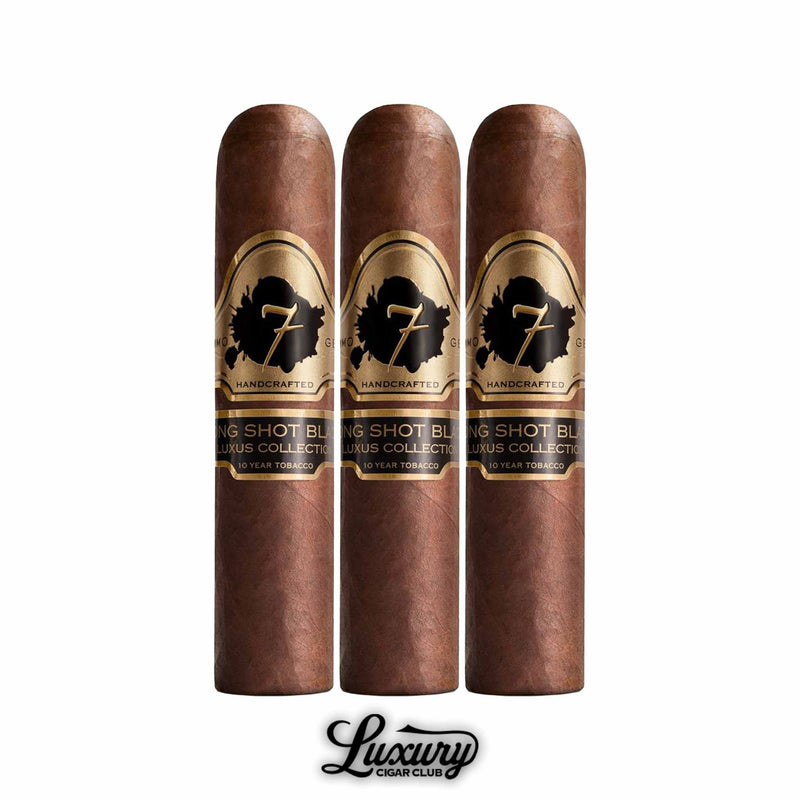 Close-up of three El Septimo Luxus Black Long Shot cigars, featuring dark brown wrappers and elegant gold and black bands, highlighting craftsmanship and luxury quality from Luxury Cigar Club.