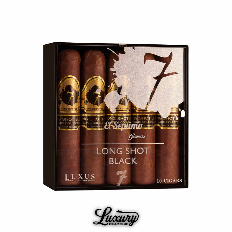 El Septimo Luxus Black Long Shot box of 10 cigars with golden bands and black accents, showcased in sleek black packaging, available at Luxury Cigar Club.