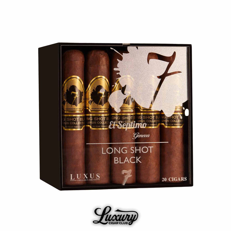 El Septimo Luxus Black Long Shot box of 20 premium cigars with rich brown wrappers and luxury gold labels, displayed in a glossy black case, from Luxury Cigar Club.