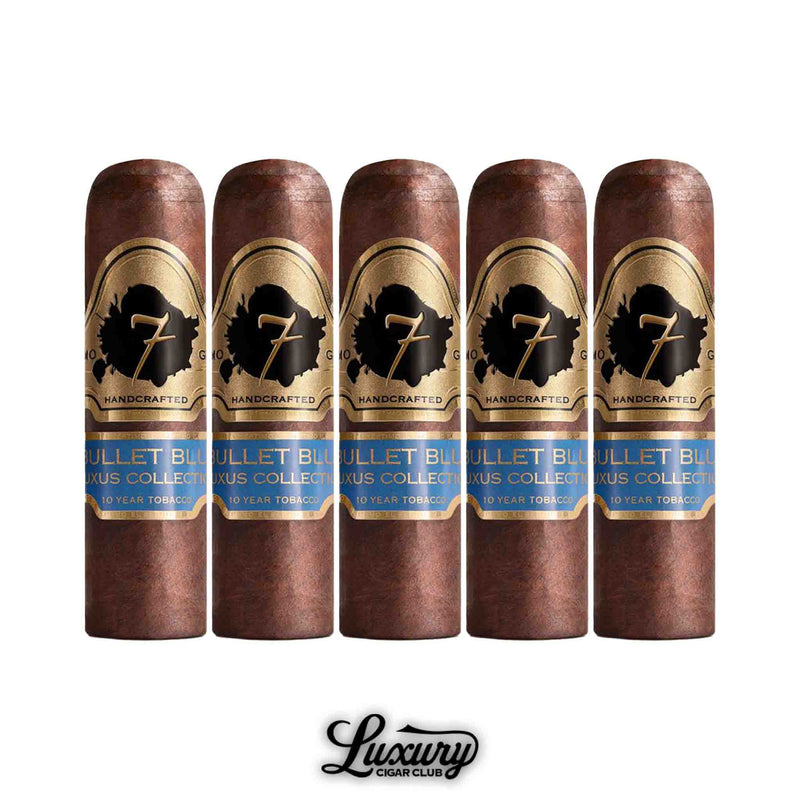 Close-up of five El Septimo Luxus Collection Bullet Blue cigars with short, thick vitolas, rich dark wrappers, and striking gold-and-blue bands.