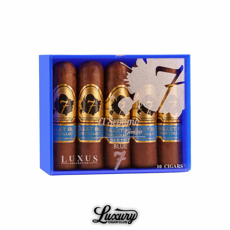 Blue case containing 10 El Septimo Luxus Collection Bullet Blue cigars, featuring dark wrappers with gold-and-blue bands.
