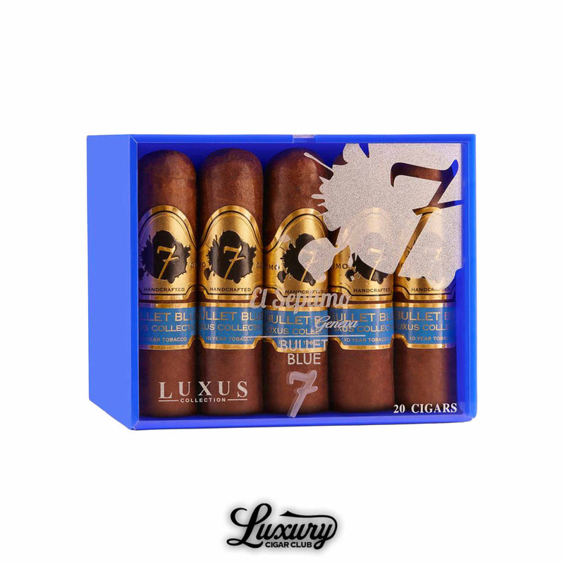 Blue presentation box holding 20 El Septimo Luxus Collection Rebelde Blue cigars with golden accents and blue bands, marked El Septimo Geneva.