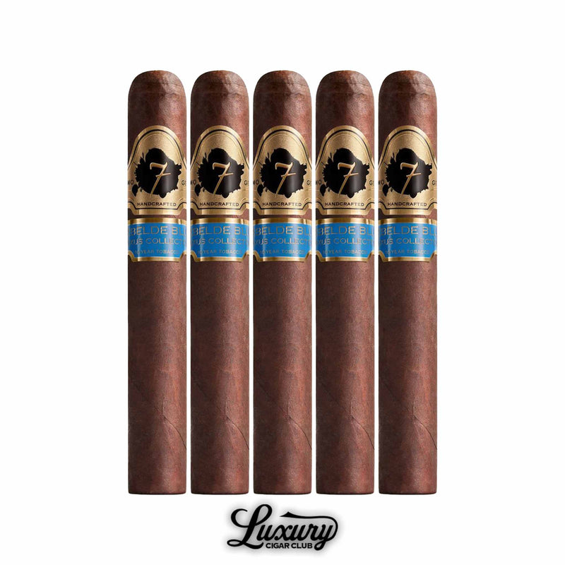 Five El Septimo Luxus Collection Rebelde Blue cigars with dark, rich wrappers and bold gold-and-blue bands, presented with Luxury Cigar Club branding.