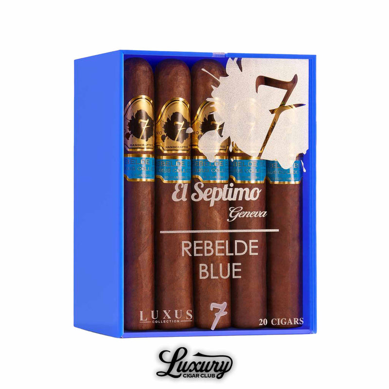 Blue presentation box holding 20 El Septimo Luxus Collection Rebelde Blue cigars with golden accents and blue bands, marked El Septimo Geneva.