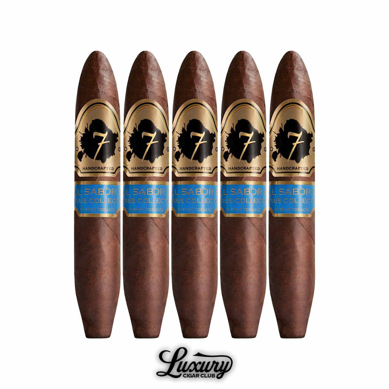 Close-up of five El Septimo Luxus Collection Small Sabor Blue cigars with dark brown wrappers, gold and blue bands, displayed with Luxury Cigar Club branding.
