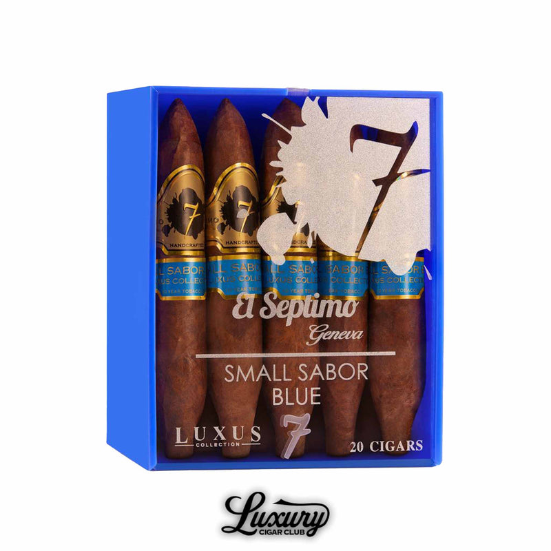 Open blue display box containing 20 El Septimo Luxus Collection Small Sabor Blue cigars, featuring elegant gold and blue bands, branded El Septimo Geneva.