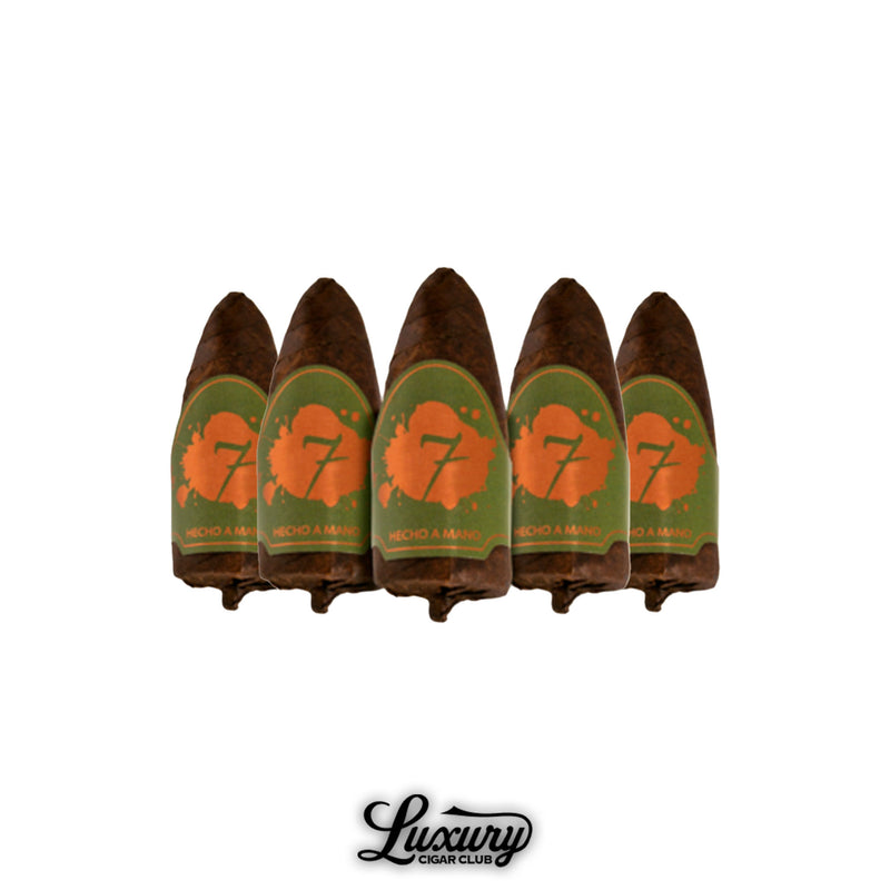 Close-up of El Septimo Luxus Collection Small Impact cigars, short perfecto vitola, packaged in a 5 pack from Luxury Cigar Club.