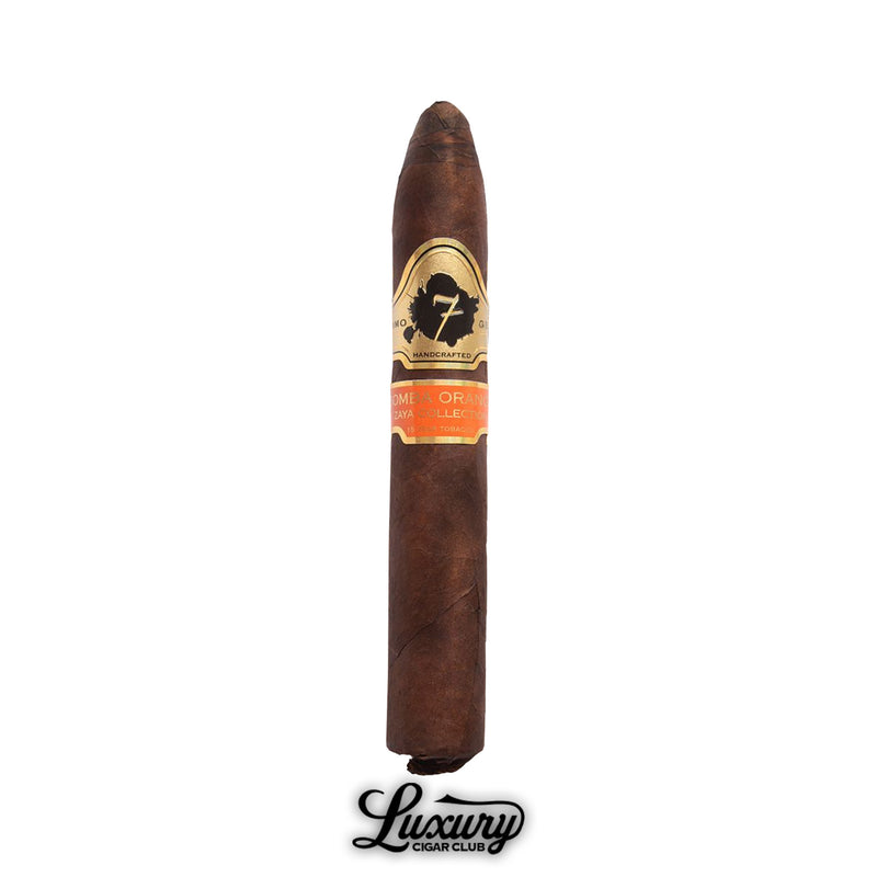 Single El Septimo Bomba Orange cigar from the Luxus Collection with dark wrapper and orange band, showcased by Luxury Cigar Club.