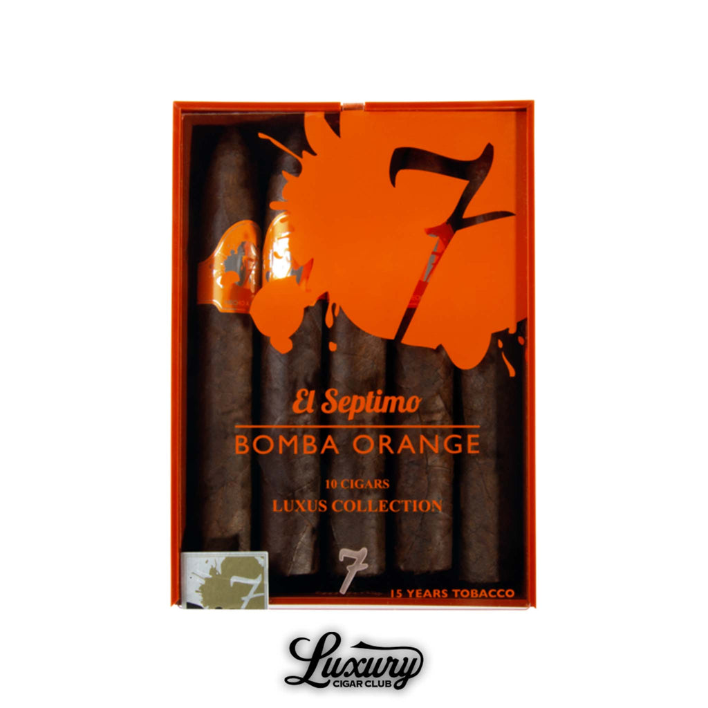 Box of El Septimo Luxus Collection Bomba Orange cigars with orange packaging, 10-count presentation, available at Luxury Cigar Club.
