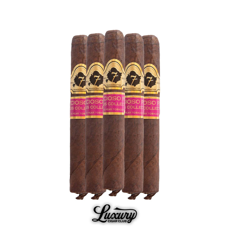 Five El Septimo Luxus Precioso Pink cigars with dark brown wrappers and gold-and-pink bands, displayed together on a white background with Luxury Cigar Club branding.