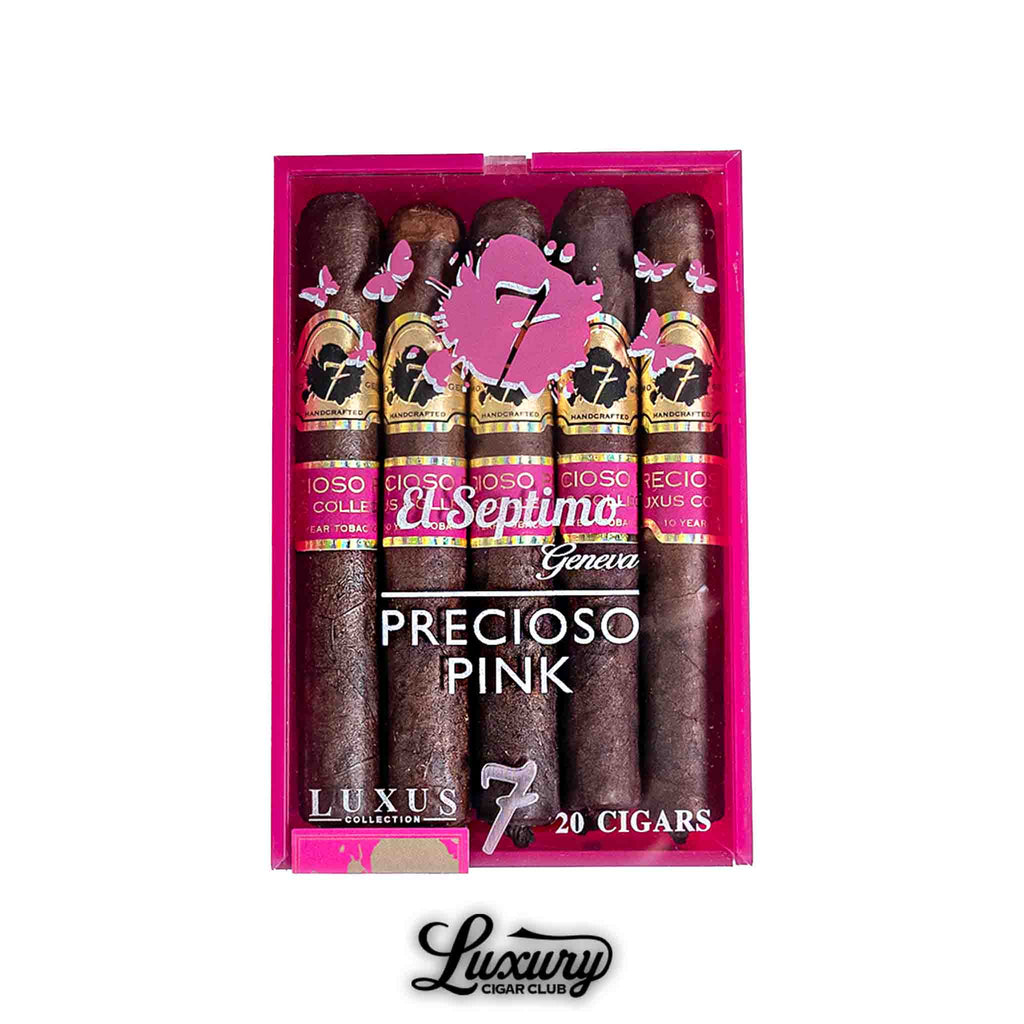 Open pink box of El Septimo Luxus Precioso Pink cigars, featuring dark brown wrappers and gold bands with pink accents, arranged neatly inside, available at Luxury Cigar Club.
