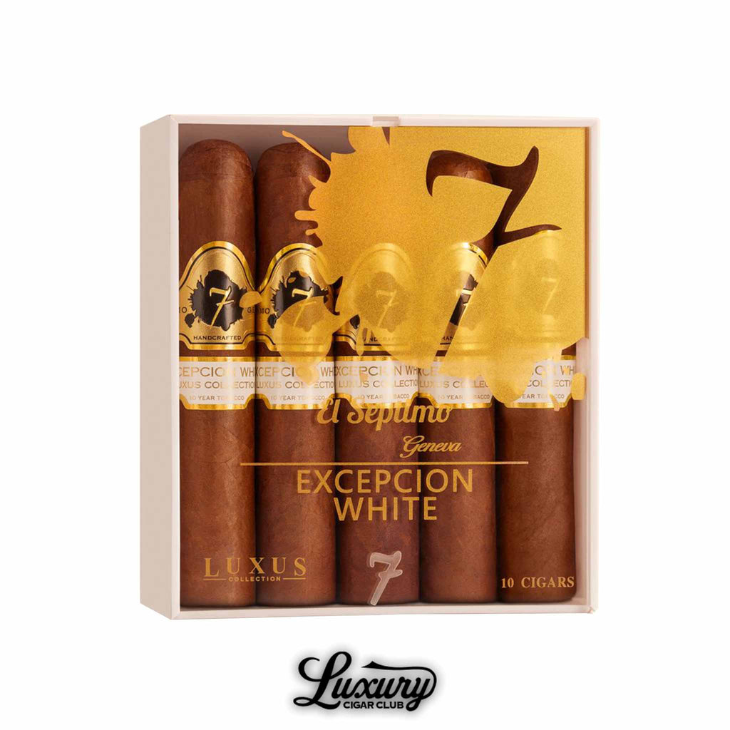 Box of 10 El Septimo Luxus White Excepcion cigars with gold and white bands in white packaging with lion silhouette design.