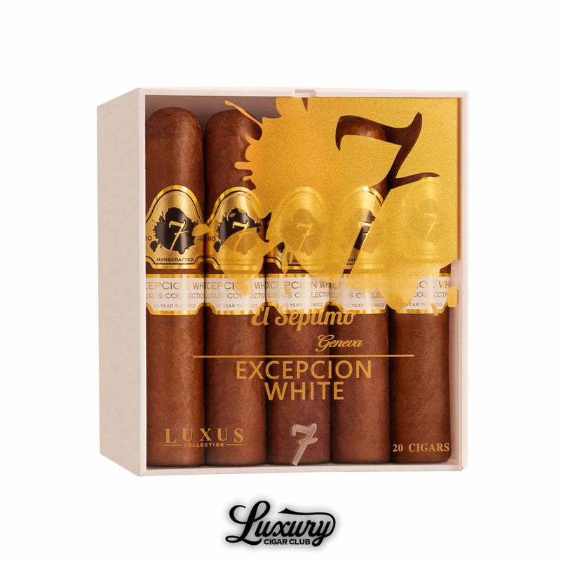 Box of 20 El Septimo Luxus White Excepcion cigars with gold and white bands in white packaging with lion silhouette design.