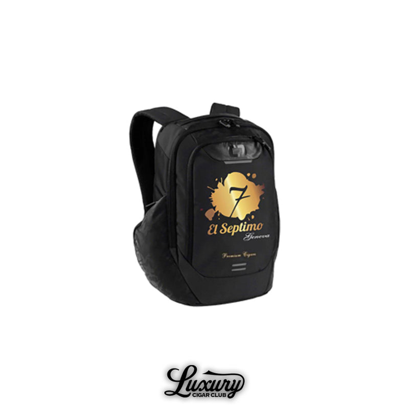 El Septimo OGIO embroidered fully loaded black backpack with gold logo displayed at Luxury Cigar Club.