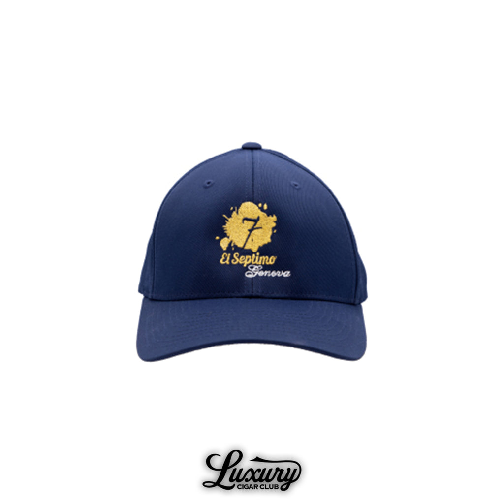 El Septimo OGIO navy baseball cap with embroidered gold logo shown at Luxury Cigar Club.
