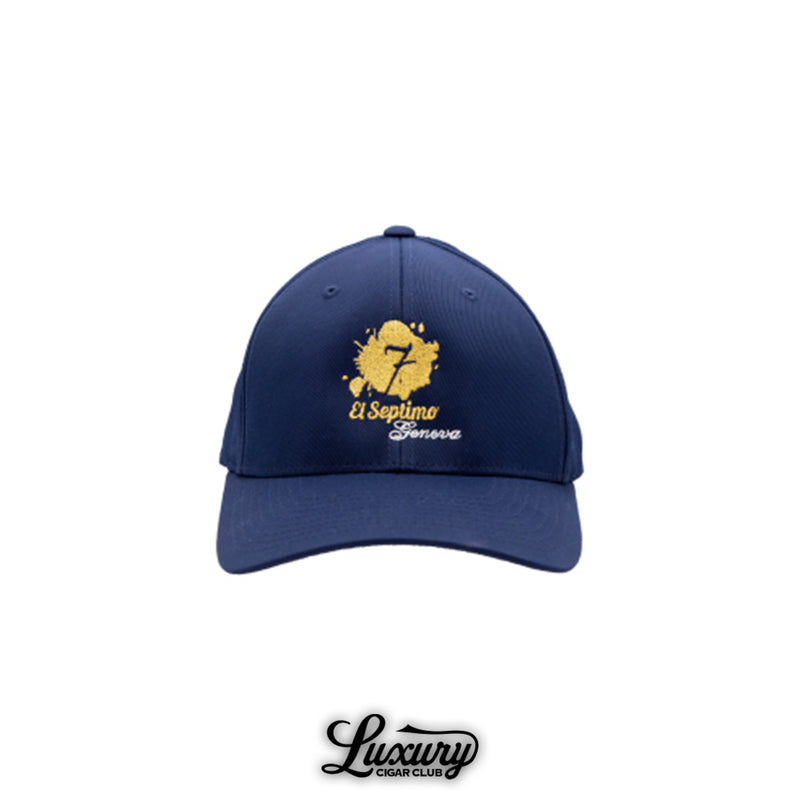 El Septimo OGIO navy baseball cap with embroidered gold logo shown at Luxury Cigar Club.