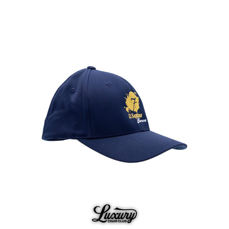 Side angle view of El Septimo OGIO navy baseball cap with embroidered logo at Luxury Cigar Club.