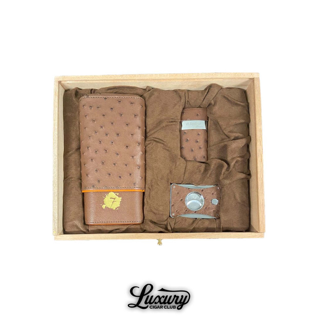 El Septimo Ostrich Gift Box open showing cigar case lighter and cutter in brown ostrich leather at Luxury Cigar Club.