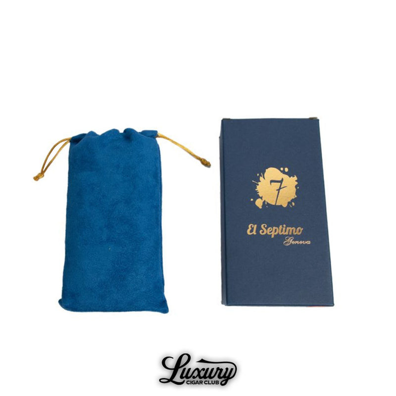 Luxury Cigar Club El Septimo Ostrich Three Cigar Holder in brown leather case shown with blue suede pouch and branded storage box.