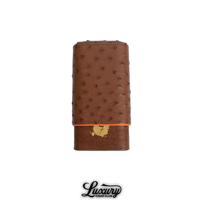 Luxury Cigar Club El Septimo Ostrich Three Cigar Holder featuring premium ostrich leather in brown with gold embossed logo shown closed.