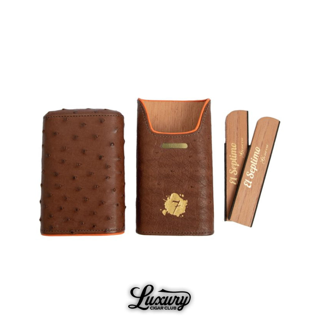 Luxury Cigar Club El Septimo Ostrich Three Cigar Holder with brown textured leather design and gold logo displayed open with wooden dividers.
