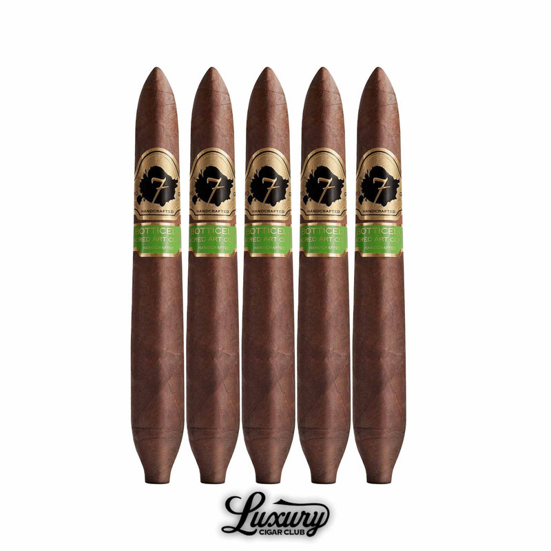 El Septimo Sacred Arts Collection Botticelli 5-pack of premium cigars with pointed figurado shape dark brown wrappers and green and gold embossed cigar bands from Luxury Cigar Club