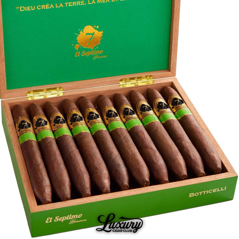 Close-up of El Septimo Sacred Arts Collection Botticelli box showing detailed green and gold cigar bands on perfectly rolled luxury cigars presented by Luxury Cigar Club