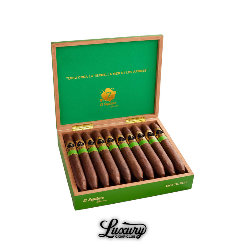 Open box of El Septimo Sacred Arts Collection Botticelli cigars featuring 10 luxury handmade cigars with dark wrappers and green and gold bands presented by Luxury Cigar Club