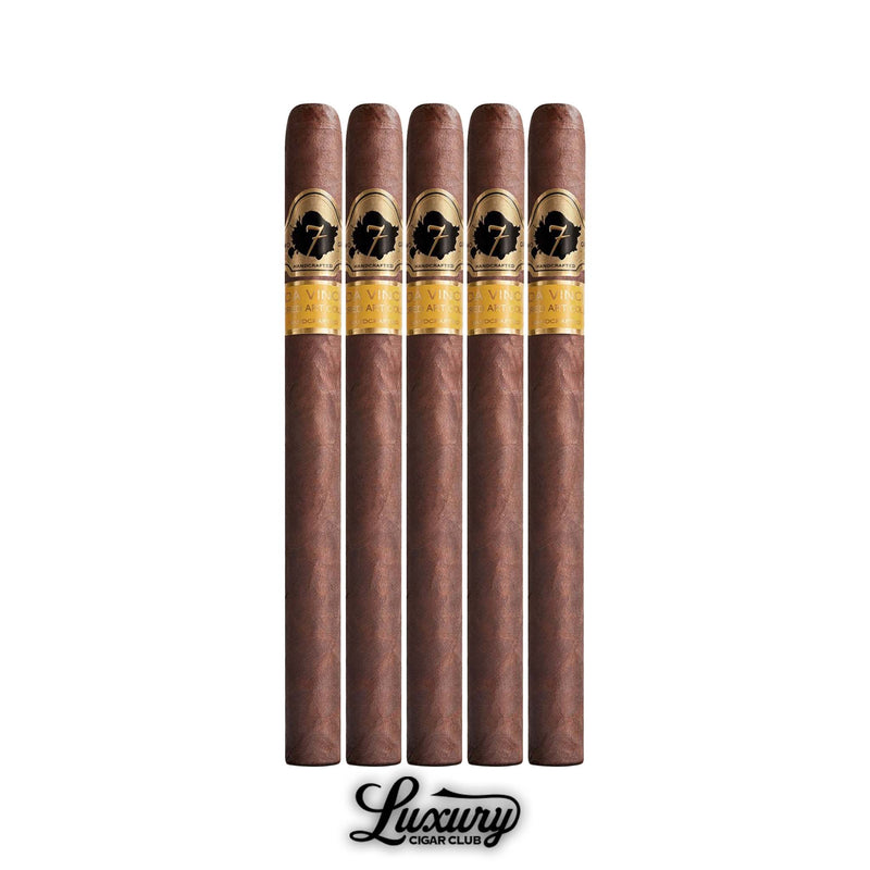 El Septimo Sacred Arts Collection Da Vinci five pack of luxury cigars, featuring sleek brown wrappers with gold embossed bands, crafted for a refined smoking experience, from Luxury Cigar Club.