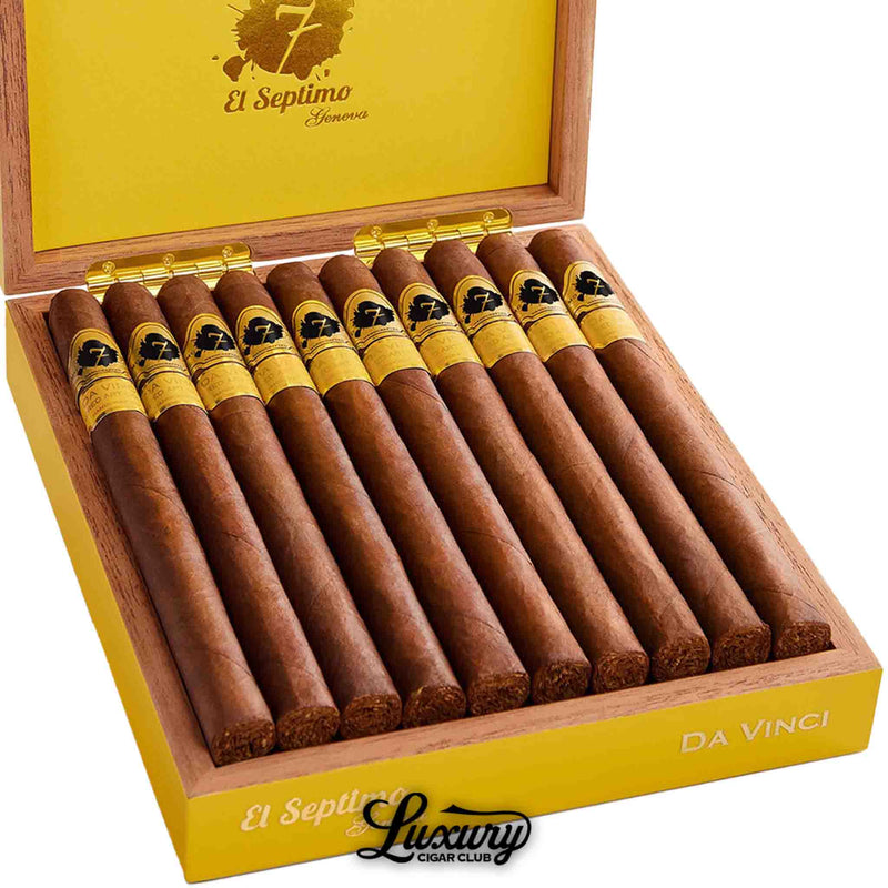 Close-up of El Septimo Sacred Arts Collection Da Vinci cigars in an open yellow box, highlighting premium craftsmanship and gold accents, offered by Luxury Cigar Club.