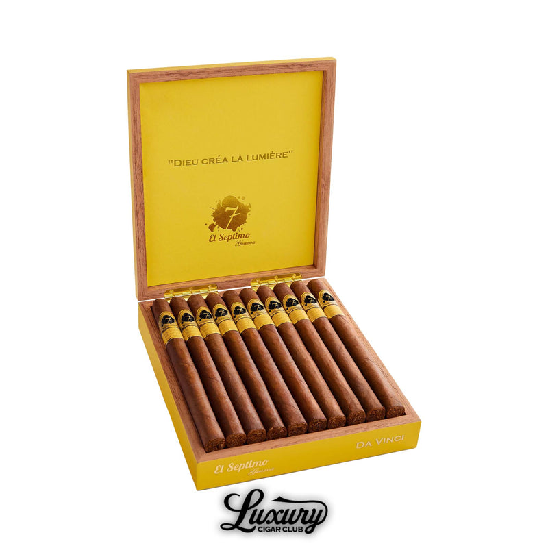 El Septimo Sacred Arts Collection Da Vinci cigars box open, showing 10 premium long cigars with golden bands inside a bright yellow luxury box, available at Luxury Cigar Club.