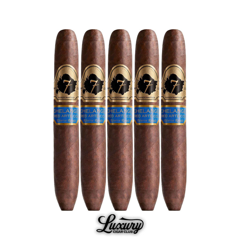 Five-pack of El Septimo Sacred Arts Collection Michelangelo cigars featuring rich dark brown wrappers and elegant blue and gold bands, showcased for Luxury Cigar Club.