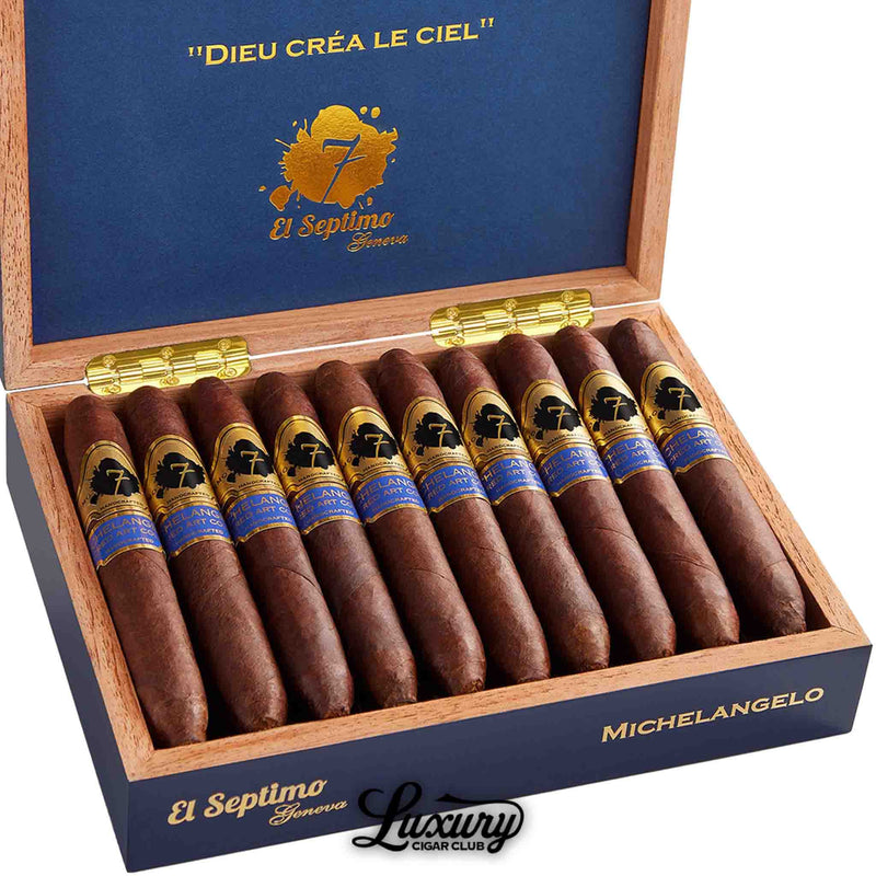 Close-up of El Septimo Sacred Arts Collection Michelangelo cigars inside open wooden box with blue interior and golden logo, highlighting premium craftsmanship for Luxury Cigar Club.