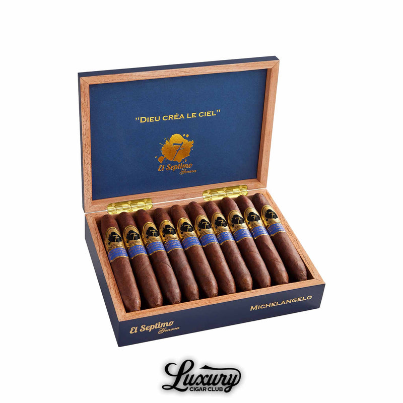 Open wooden box of El Septimo Sacred Arts Collection Michelangelo cigars with blue and gold bands arranged neatly inside, box interior embossed with “Dieu Créa Le Ciel” and displayed for Luxury Cigar Club.