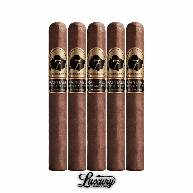 A lineup of five premium Raphael cigars featuring rich brown wrappers with black and gold bands labeled Raphael Sacred Arts Collection from Luxury Cigar Club.