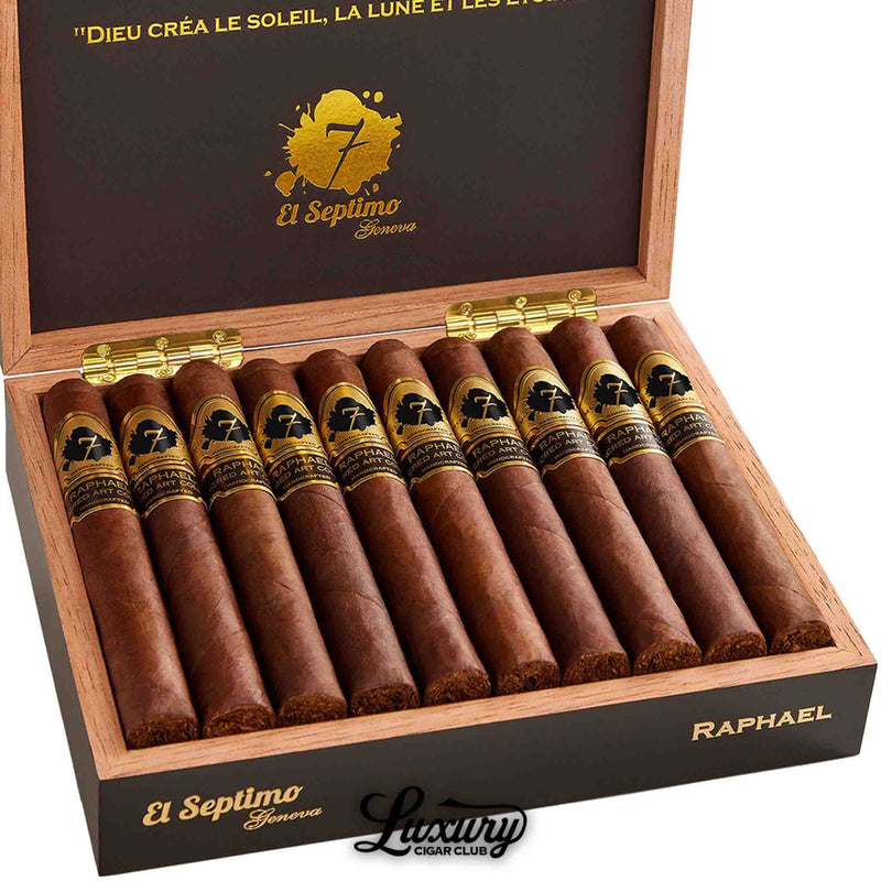 Detailed view of a box of ten El Septimo Raphael cigars with elegant black and gold bands arranged neatly inside a cedar box from Luxury Cigar Club.