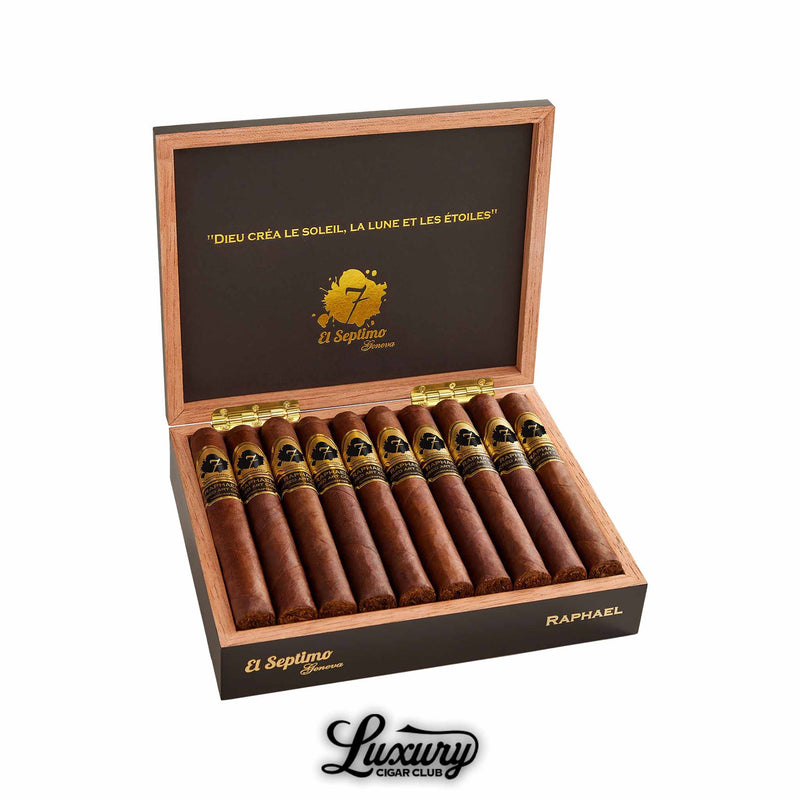 A luxurious wooden box with a black and gold interior showing ten Raphael cigars from the El Septimo Sacred Arts Collection presented by Luxury Cigar Club.