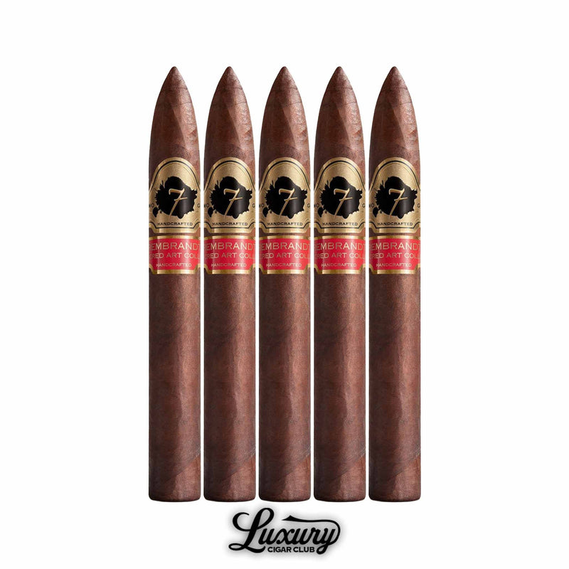Five El Septimo Sacred Arts Collection Rembrandt cigars standing upright with dark brown wrappers and gold and red bands featuring the brand logo arranged neatly with Luxury Cigar Club branding below.