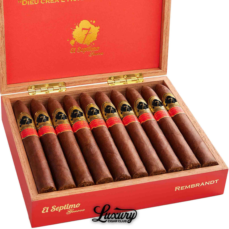 Close up of an open red box of El Septimo Sacred Arts Collection Rembrandt cigars showing detailed gold and red cigar bands ten hand rolled cigars arranged in two rows with Luxury Cigar Club branding on the bottom edge.