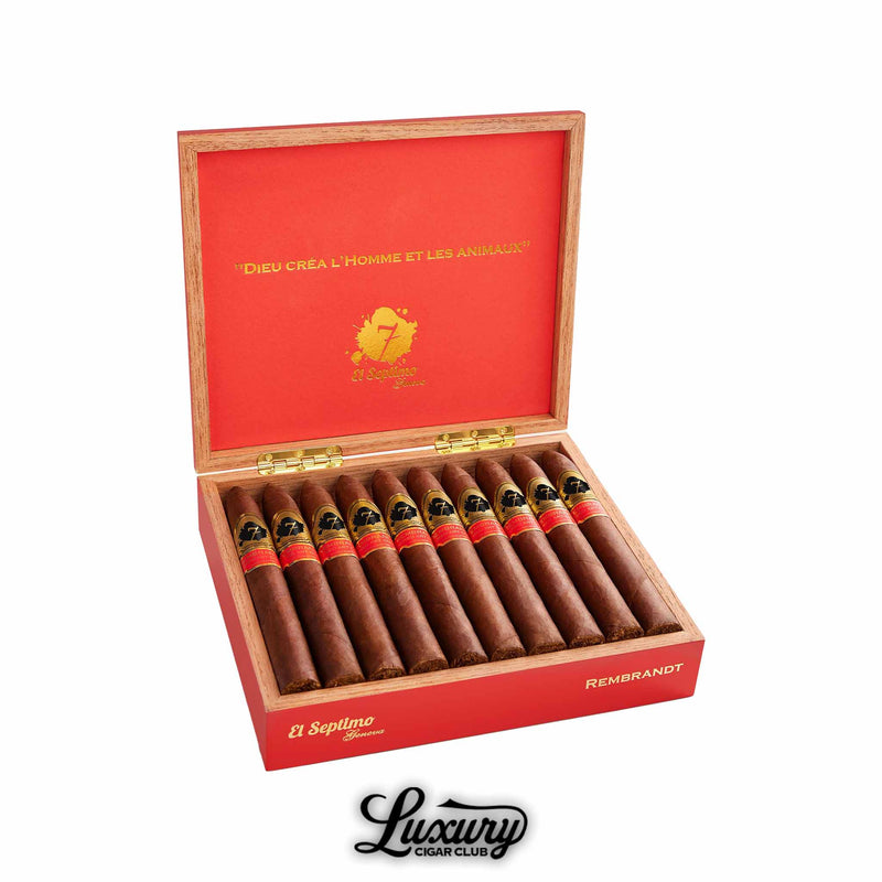 Open box of El Septimo Sacred Arts Collection Rembrandt cigars displayed at an angle with a red interior lid reading Dieu créa l’homme et les animaux containing ten brown cigars with gold and red bands presented by Luxury Cigar Club.