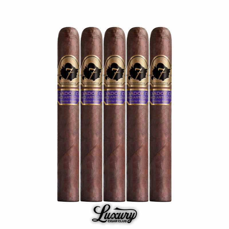 Five pack of El Septimo Sacred Arts Collection Salvador Dali cigars with smooth brown wrapper and purple gold labels from Luxury Cigar Club